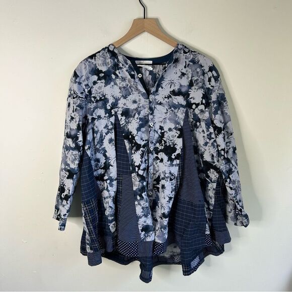 Textile hARvesT Floral Mixed Media Recycle Fabric Button-Up Shirt Large - Picture 2 of 7